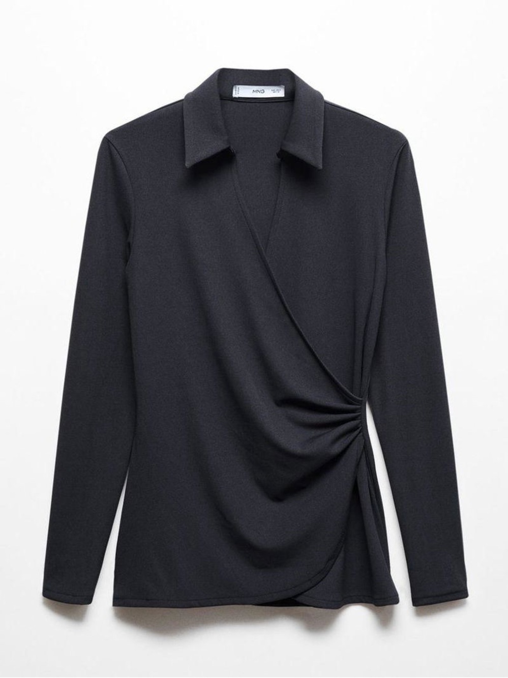 Mango Belinda Wrap Top Blouse V Neck Collared Charcoal Gray Ribbed NWT